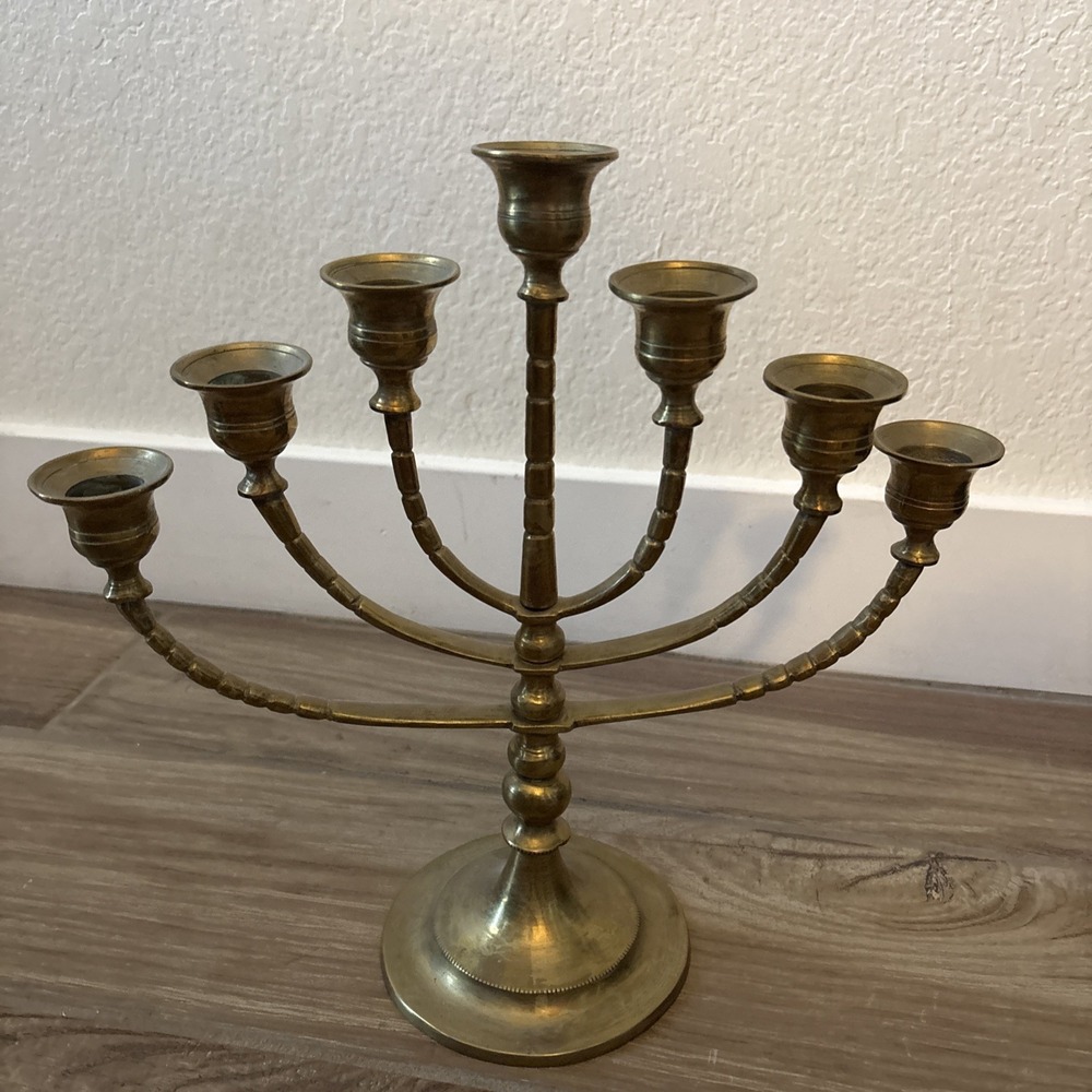 Vintage Brass Menorah 7 Swivel Arms Candelabra Candle Holder 12.25" Tall